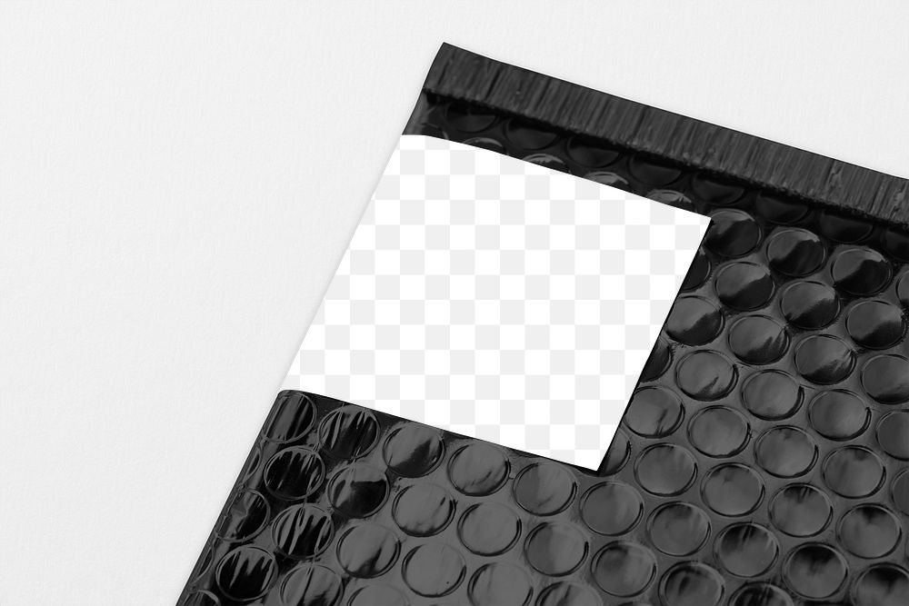 Shipping label mockup png transparent, black bubble mailer bag
