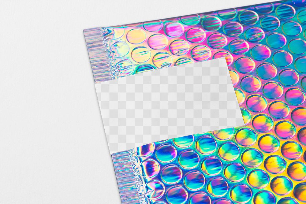 Shipping label mockup png transparent, iridescent bubble mailer bag