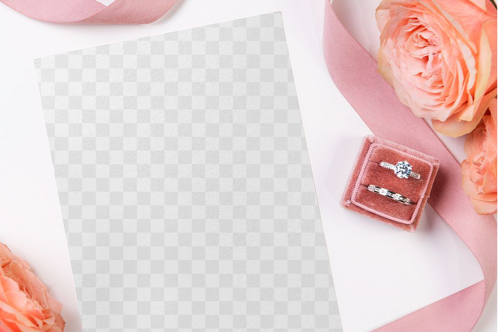 PNG wedding invitation card mockup transparent, flat lay with rings