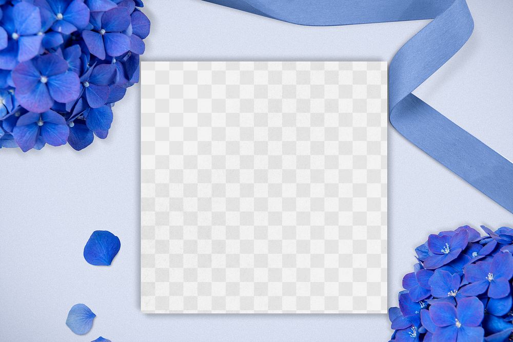 Wedding card png mockup transparent, blue hydrangea flat lay design