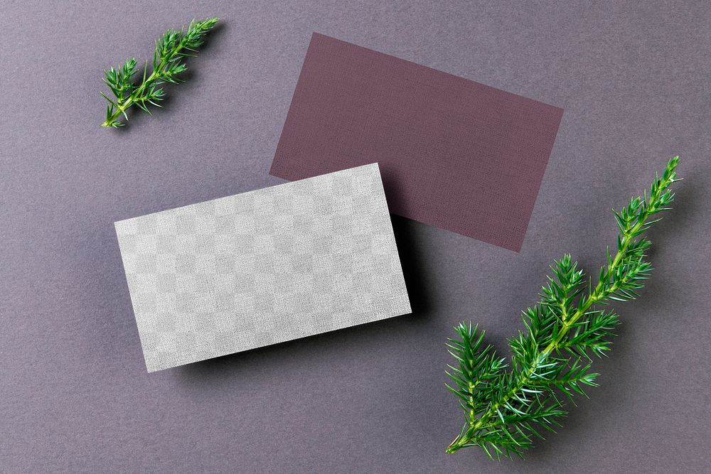 Business card png mockup transparent, flat lay with leaf design