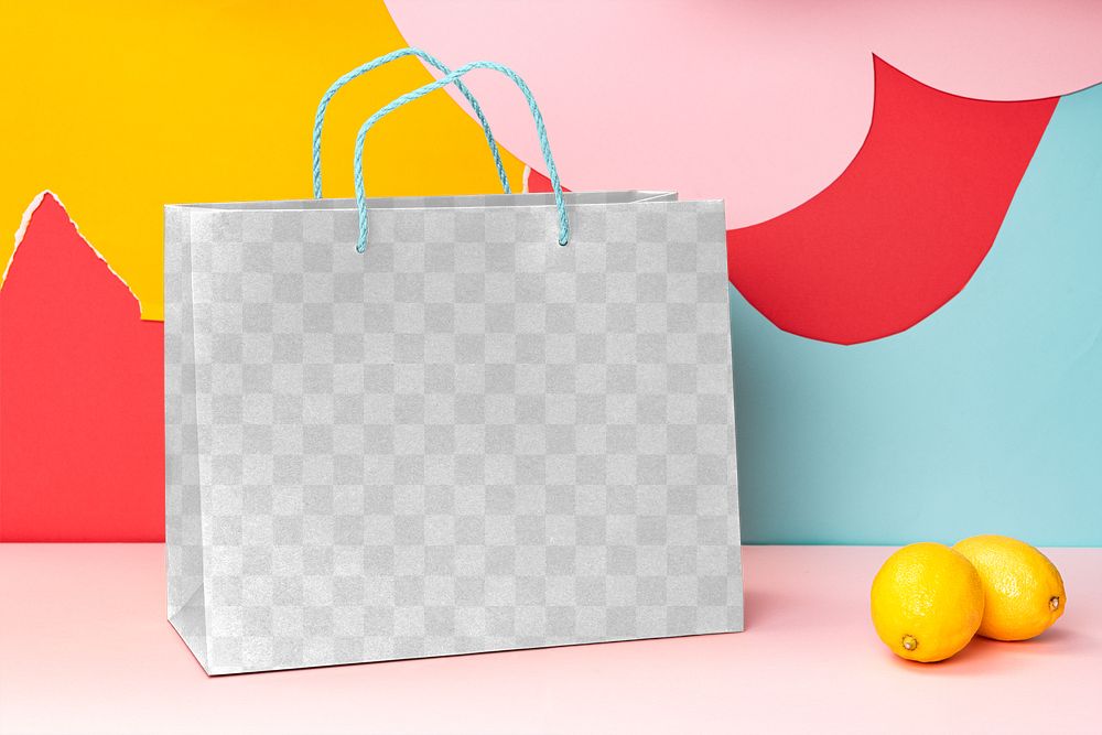 Shopping bag png mockup, fashion branding with colorful background