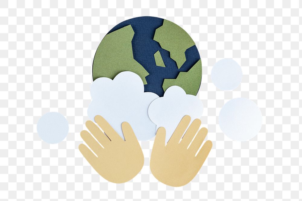 Hands washing the planet earth paper craft element transparent png