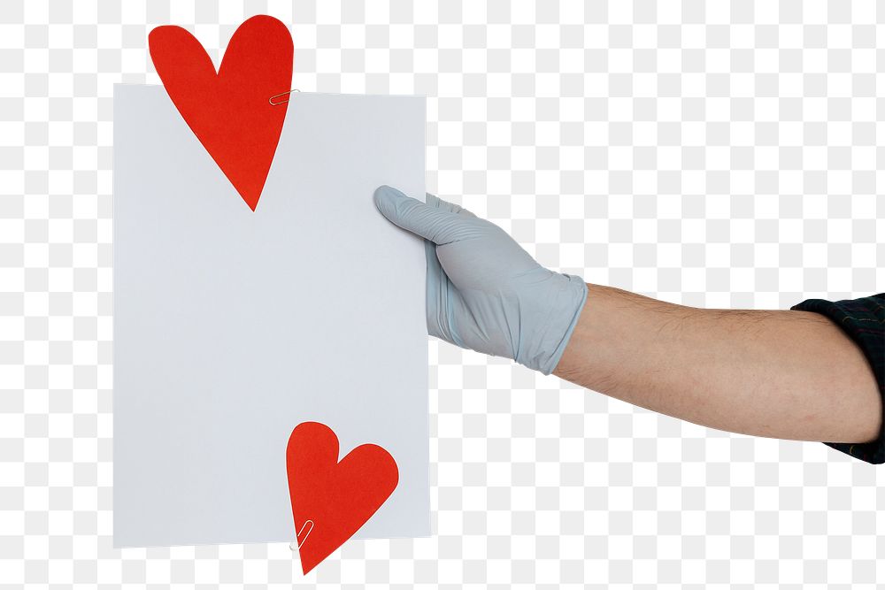 Gloved hands holding a card mockup decorated with red hearts