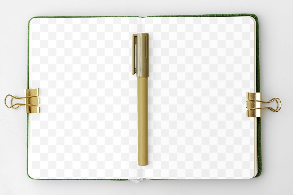 Blank notebook page with bulldog clips and a pen design element