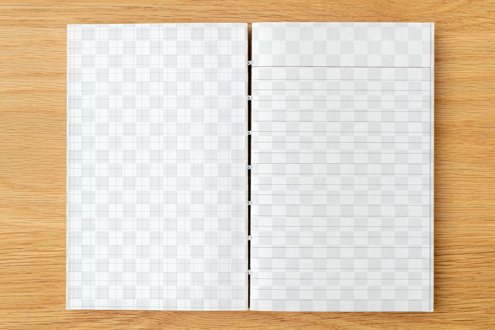 White grid and lined notebook mockup on a wooden table