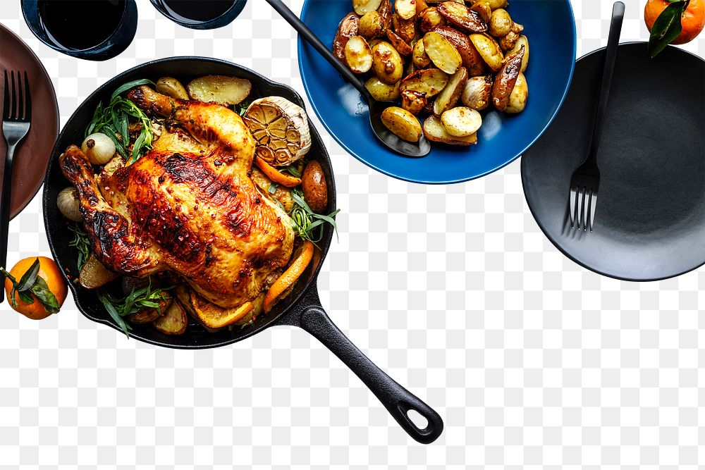 Sunday roast chicken png mockup with potatoes holiday meal