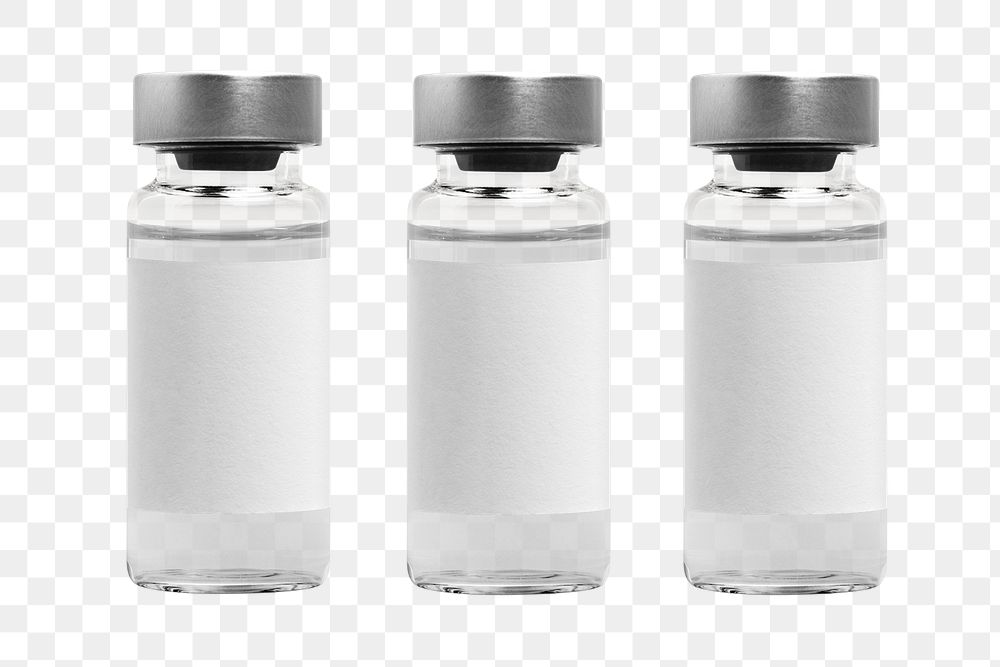 Three injection vial bottles png mockups with blank labels