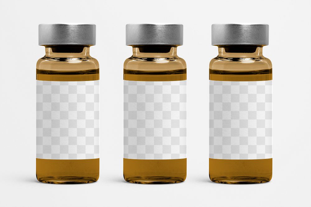 Three injection vial bottles with png label mockups