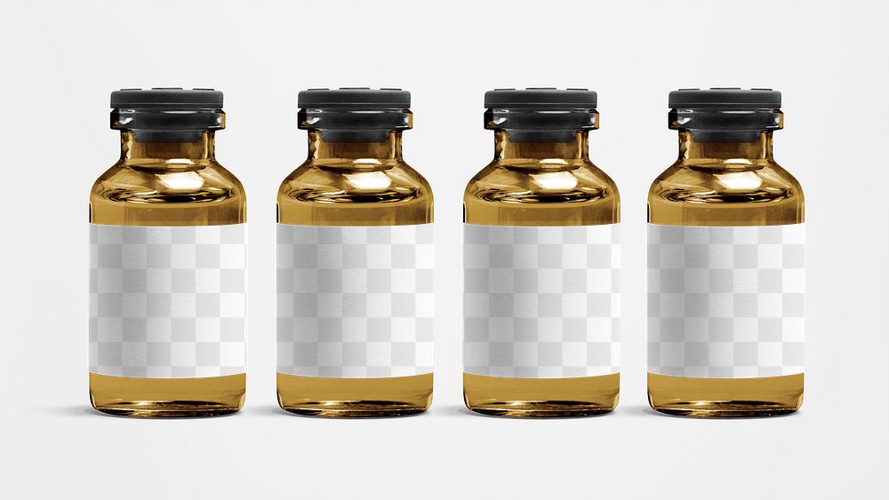 Four injection vial bottles with png label mockups