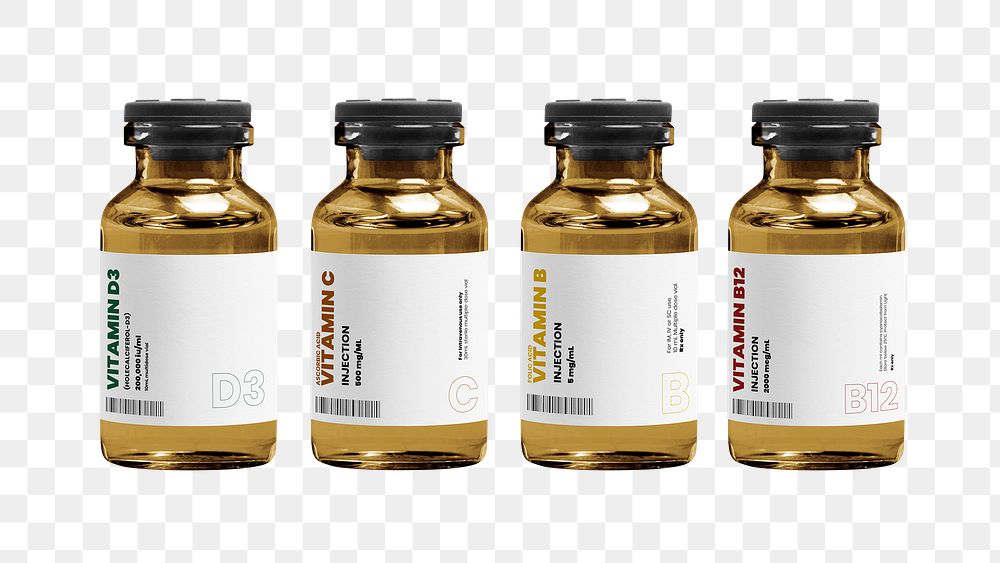 Vitamin injection vial glass bottles png with label mockups