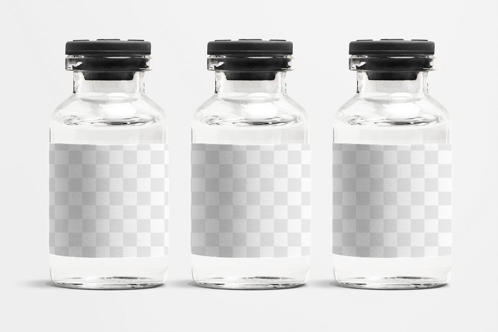 Three injection vial bottles with png label mockups