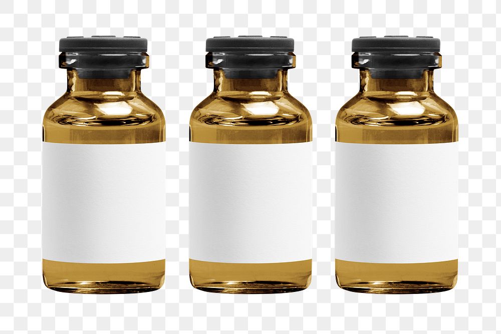 Three injection vial bottles png mockups with blank labels