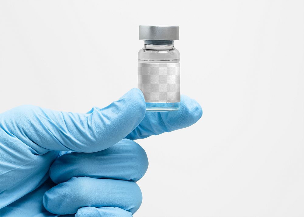 Medicine glass vial png label mockup in doctor's hand