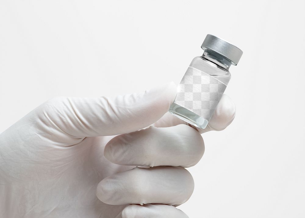 Injection glass vial png label mockup in doctor's hand