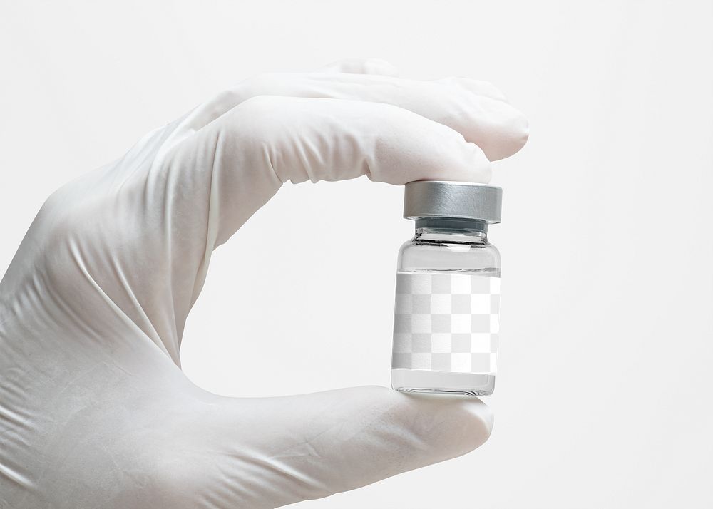 Injection glass vial png label mockup in scientist's hand
