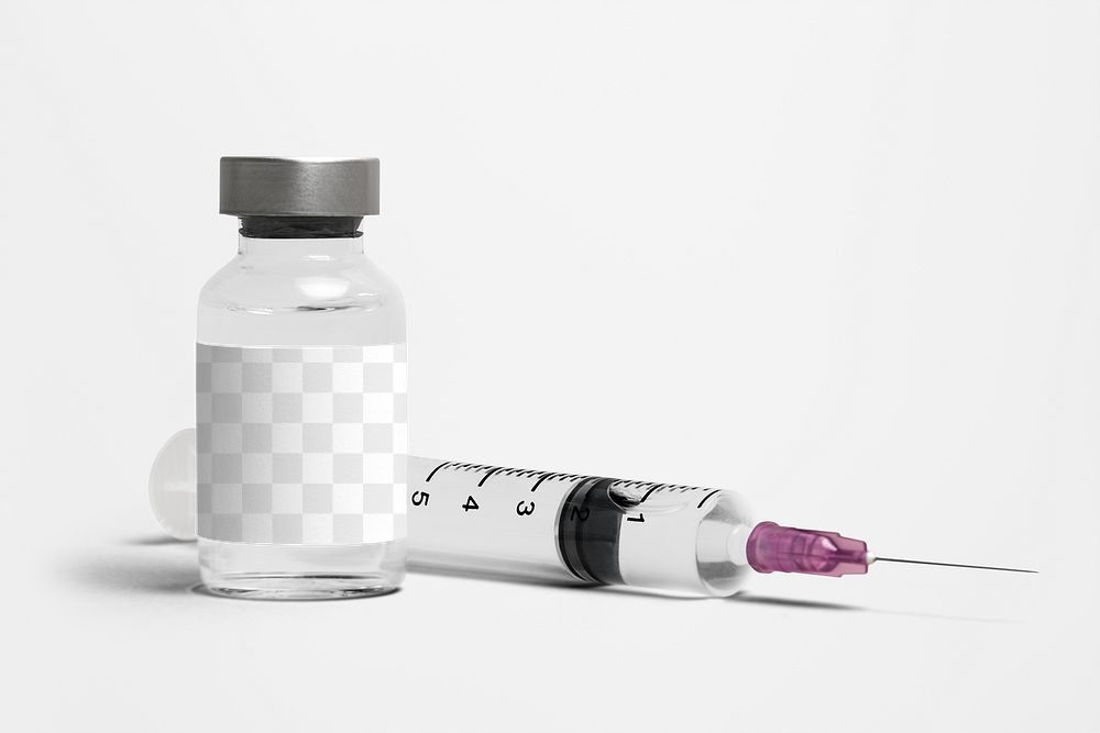 Medicine glass bottle png label mockup with syringe