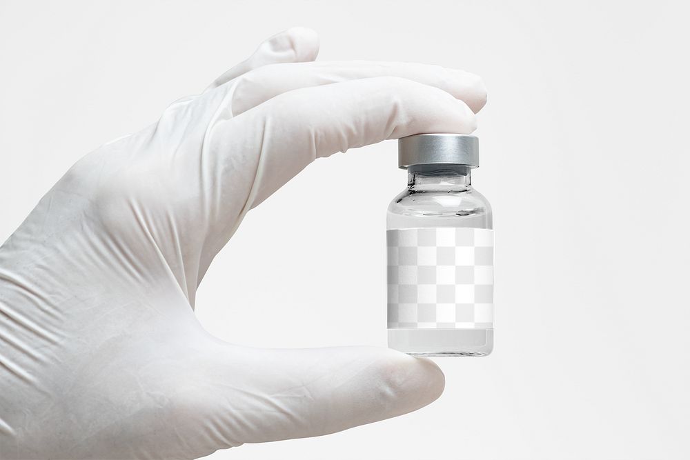 Injection glass bottle png label mockup in doctor's hand