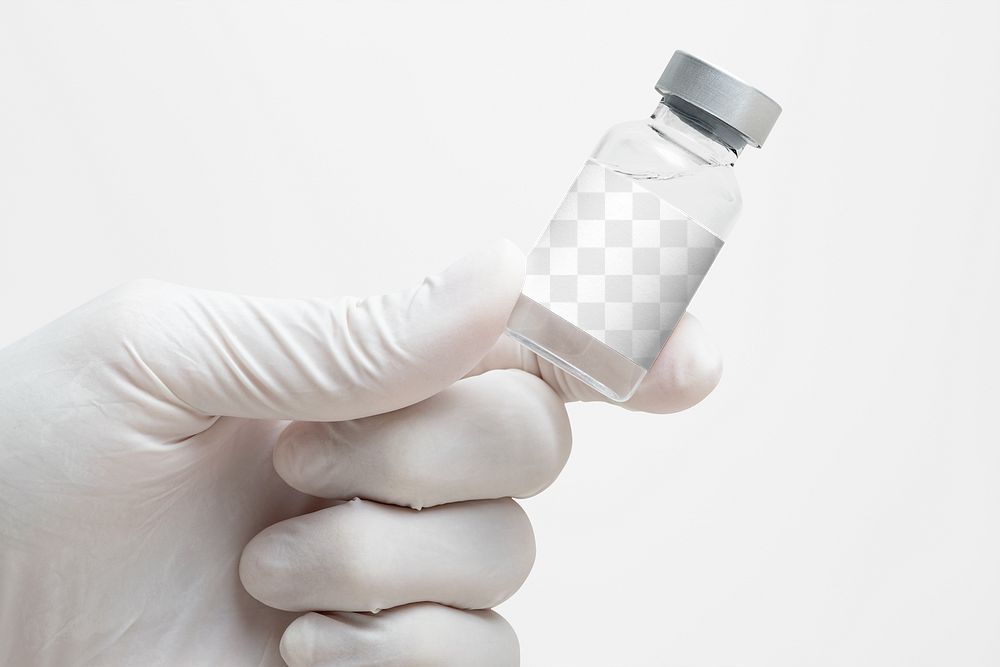 Medicine glass vial png label mockup in scientist's hand