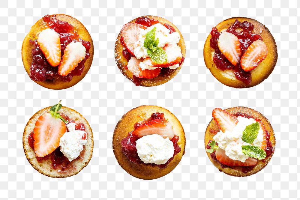 Png strawberry cupcake dessert flatlay set