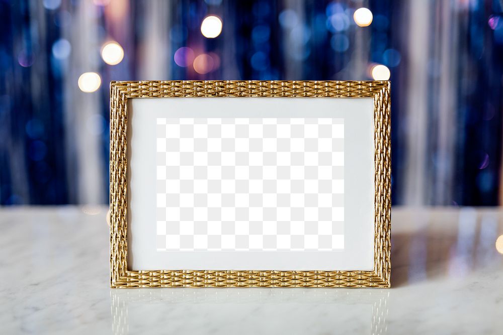 Golden frame mockup on a table transparent png 