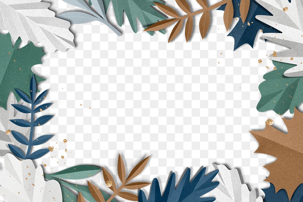 Paper craft leaf frame png with glitter in winter tone transparent background