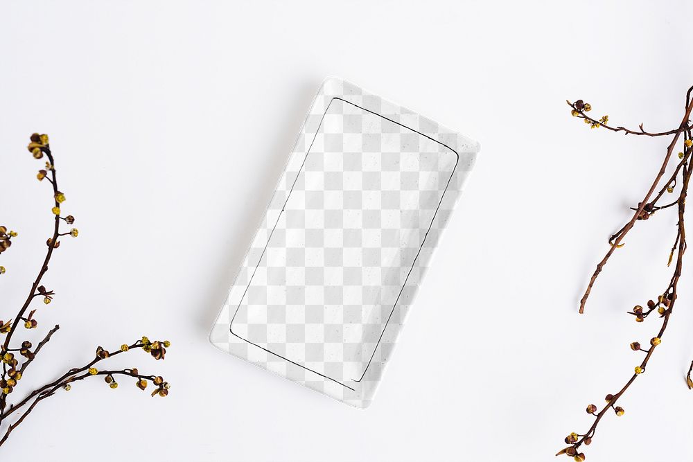 Plain plate png mockup in flat lay style with dried flowers