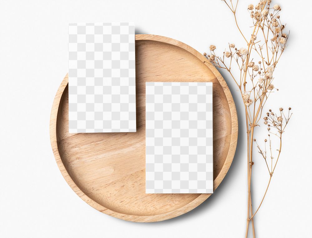Flyer png mockup on wooden plate in flat lay style