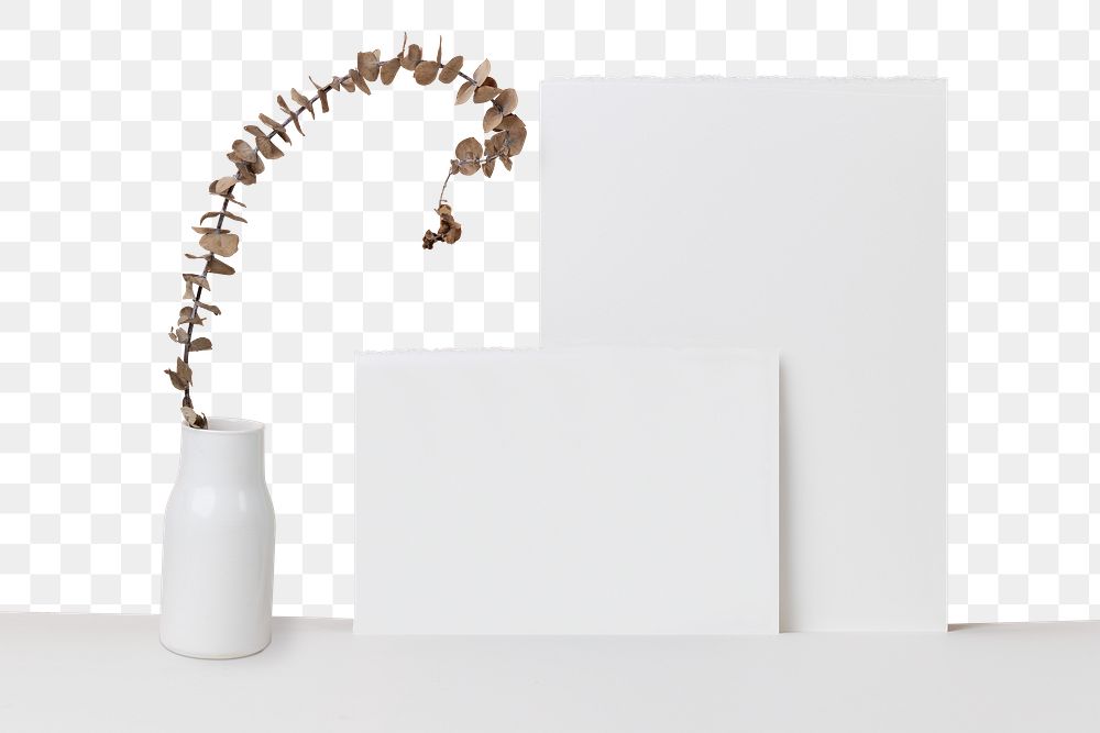 Paper leaning png transparent background with dried plant in vase