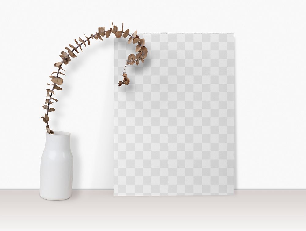 Paper leaning on wall png transparent with dried plant in vase