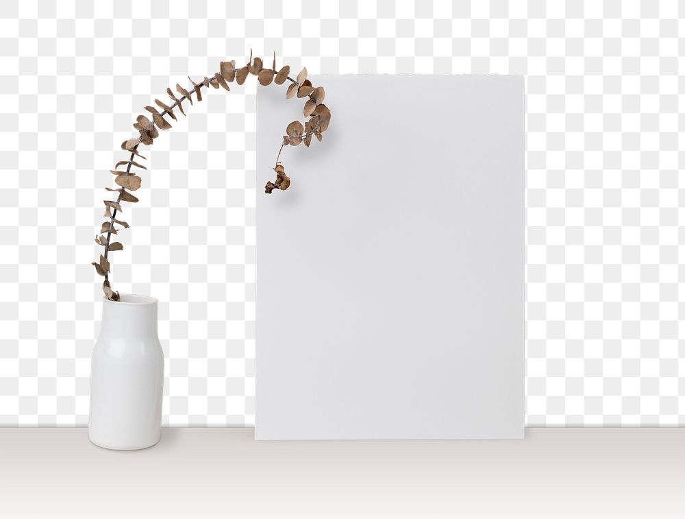 Paper leaning png transparent background with dried plant in vase