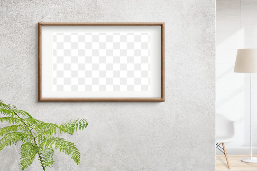 Wooden picture frame png mockup on the wall interior concept