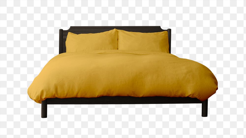Retro bed png mockup with yellow bedding