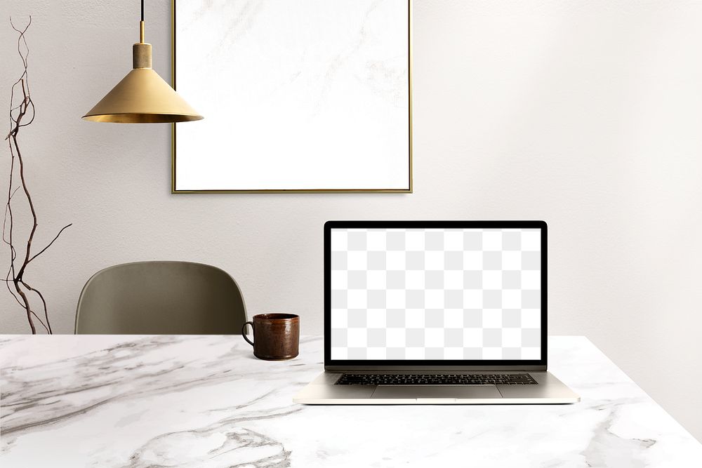 Laptop screen png mockup luxury home office