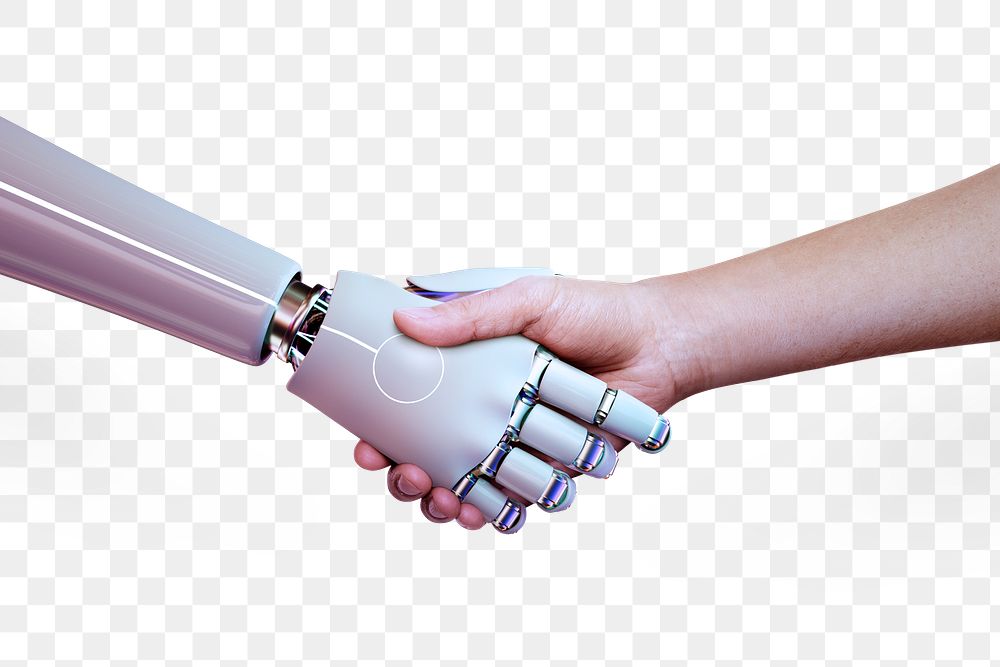 Png robot handshake human, artificial intelligence digital transformation