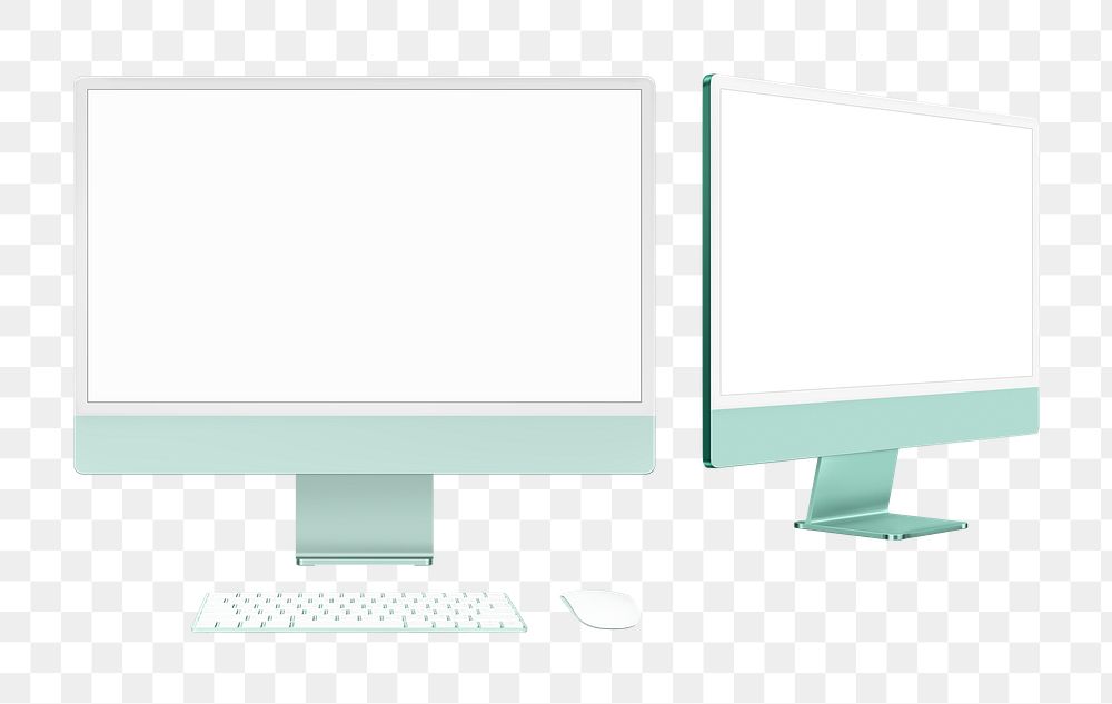 Green computer png mockup with white screen digital device