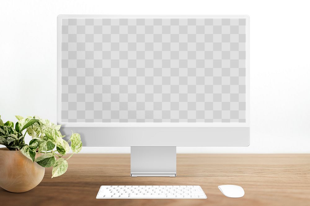 Computer screen png mockup WFH workspace with plant