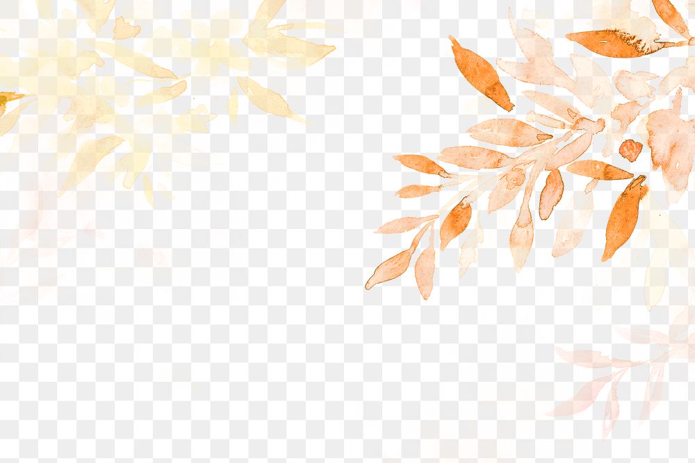 Autumn png floral border background in orange with leaf watercolor illustration