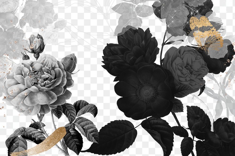 Flower background png, black border, remixed from vintage public domain images