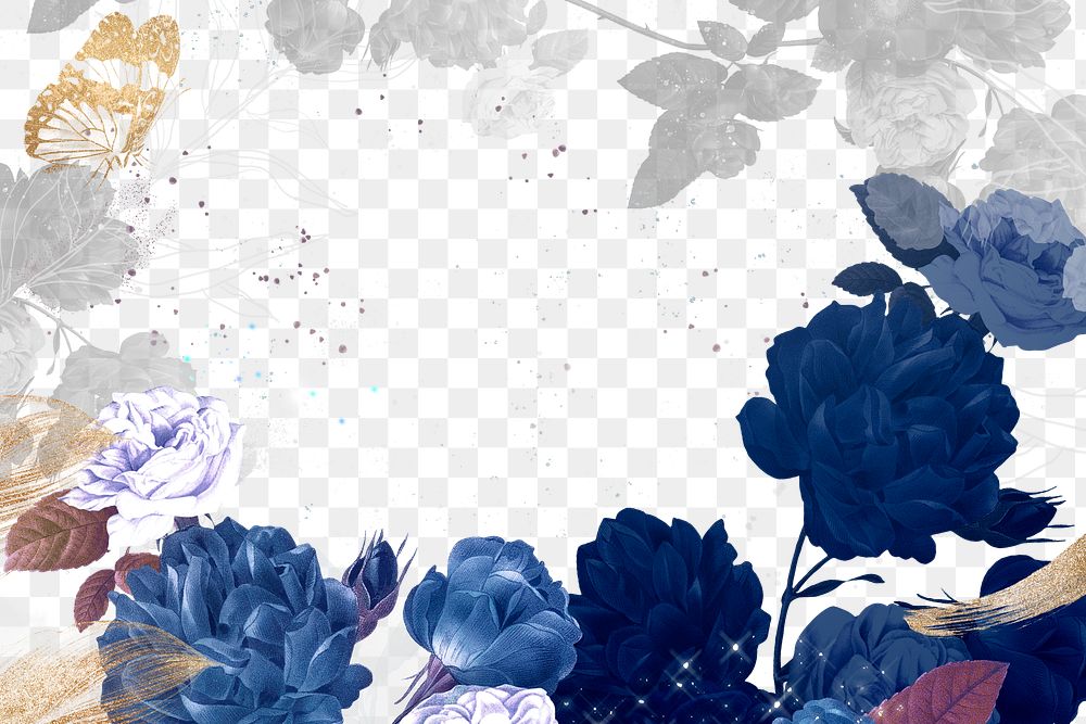 Flower frame png, blue border, remixed from vintage public domain images