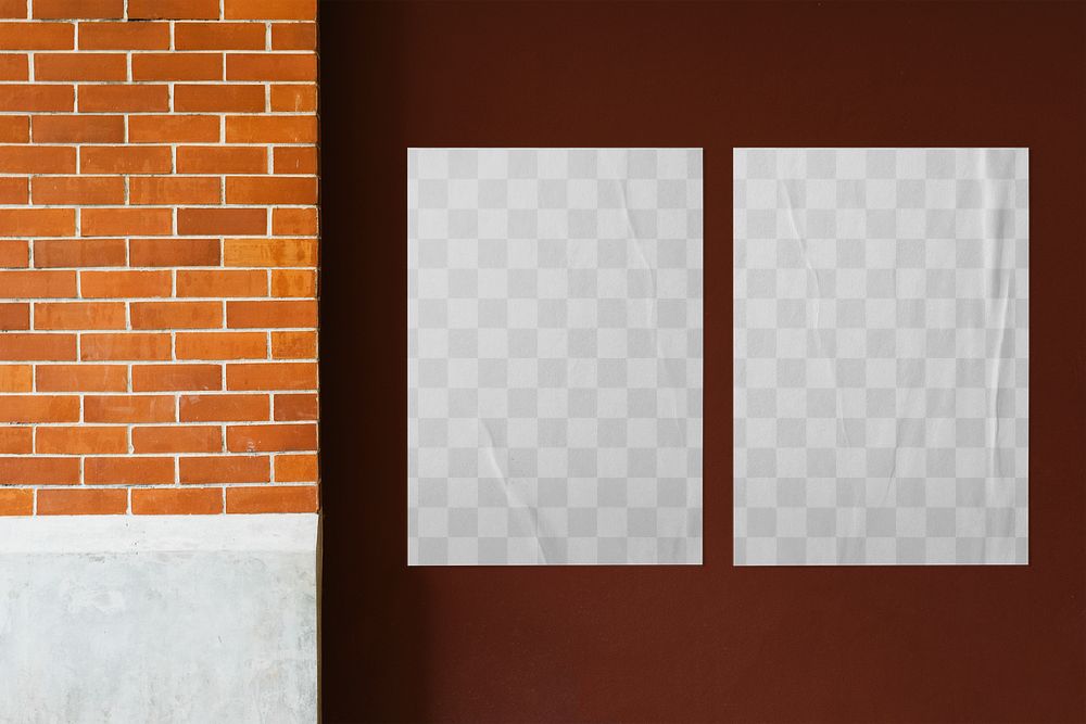 Two poster png mockups, transparent design on wall
