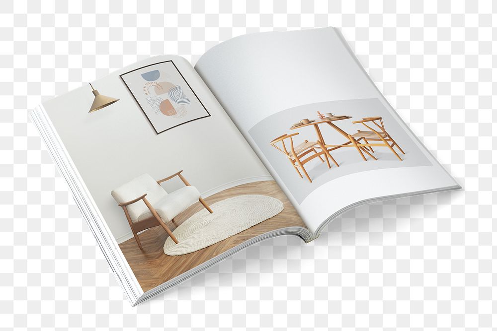 Opened book page png object, interior magazine on transparent background