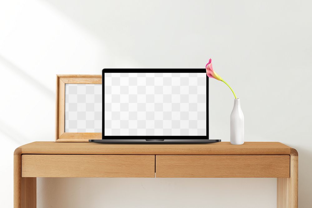 Laptop & frame mockup png, home workspace interior