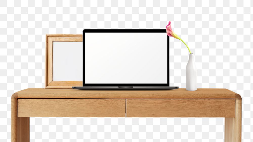 Blank laptop png & frame, modern workspace in transparent background