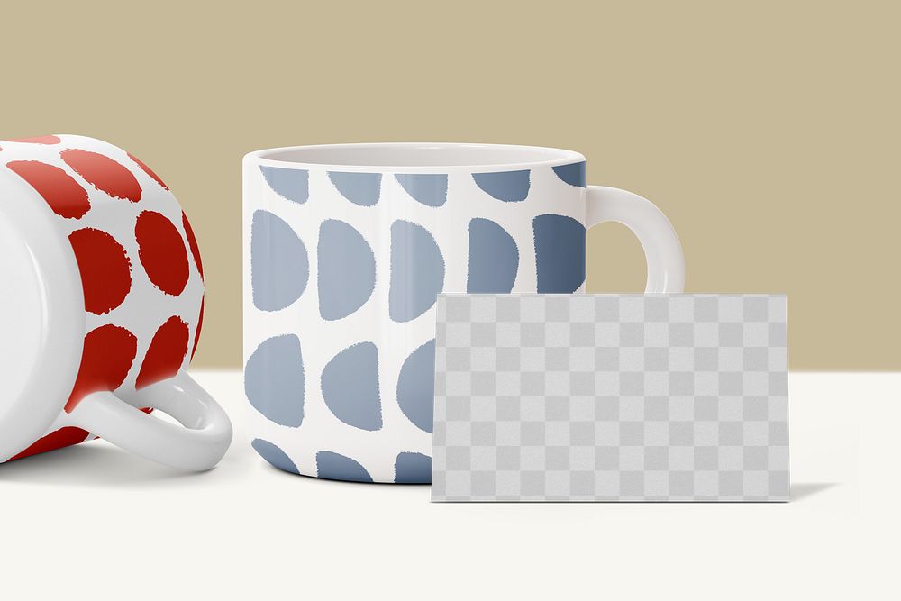 Business card png mockup, ceramic mug business