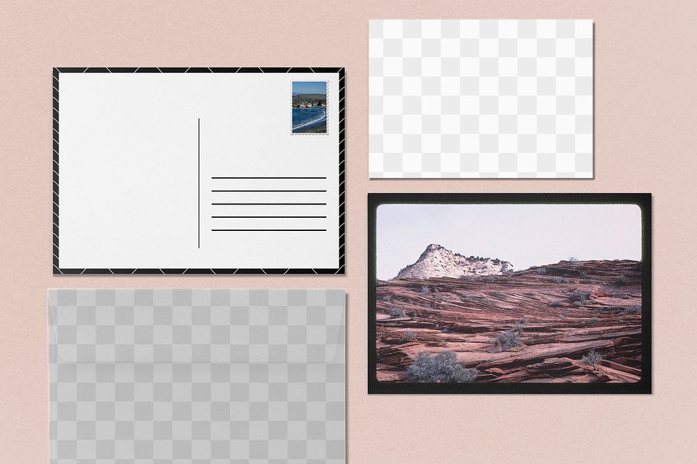 Postcard, envelope mockup png transparent, flat lay