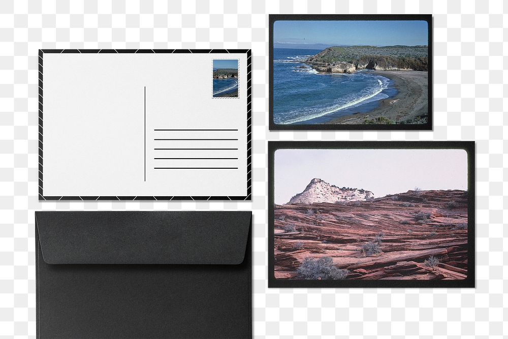 Landscape postcard png, envelope flat lay on transparent background