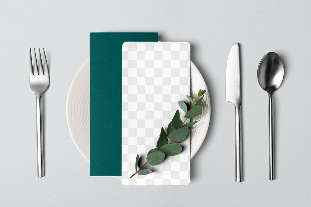 Menu card png mockup, table setting transparent design