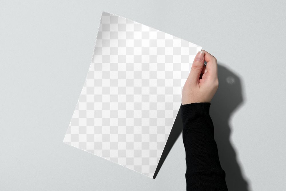 Poster mockup png transparent, paper in a person’s hand