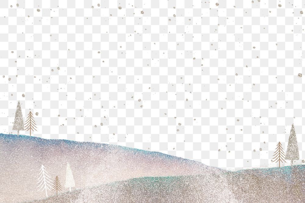 Winter landscape png border, transparent background, watercolor glitter design